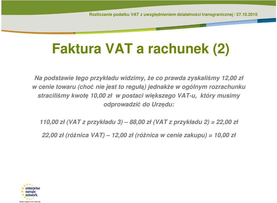 postaci większego VAT-u, który musimy odprowadzić do Urzędu: 110,00 zł (VAT z przykładu 3) 88,00