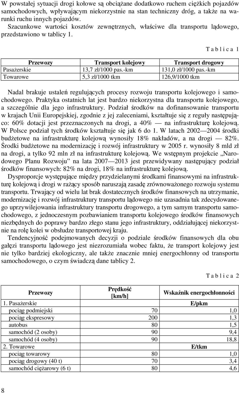-km 131,0 zł/1000 pas.-km Towarowe 5,3 zł/1000 tkm 126,9/1000 tkm Nadal brakuje ustaleń regulujących procesy rozwoju transportu kolejowego i samochodowego.