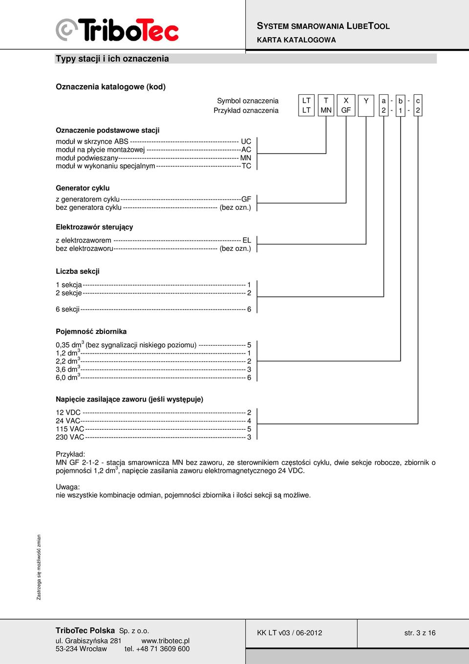 wykonaniu specjalnym ------------------------------------TC Generator cyklu z generatorem cyklu---------------------------------------------------gf bez generatora cyklu