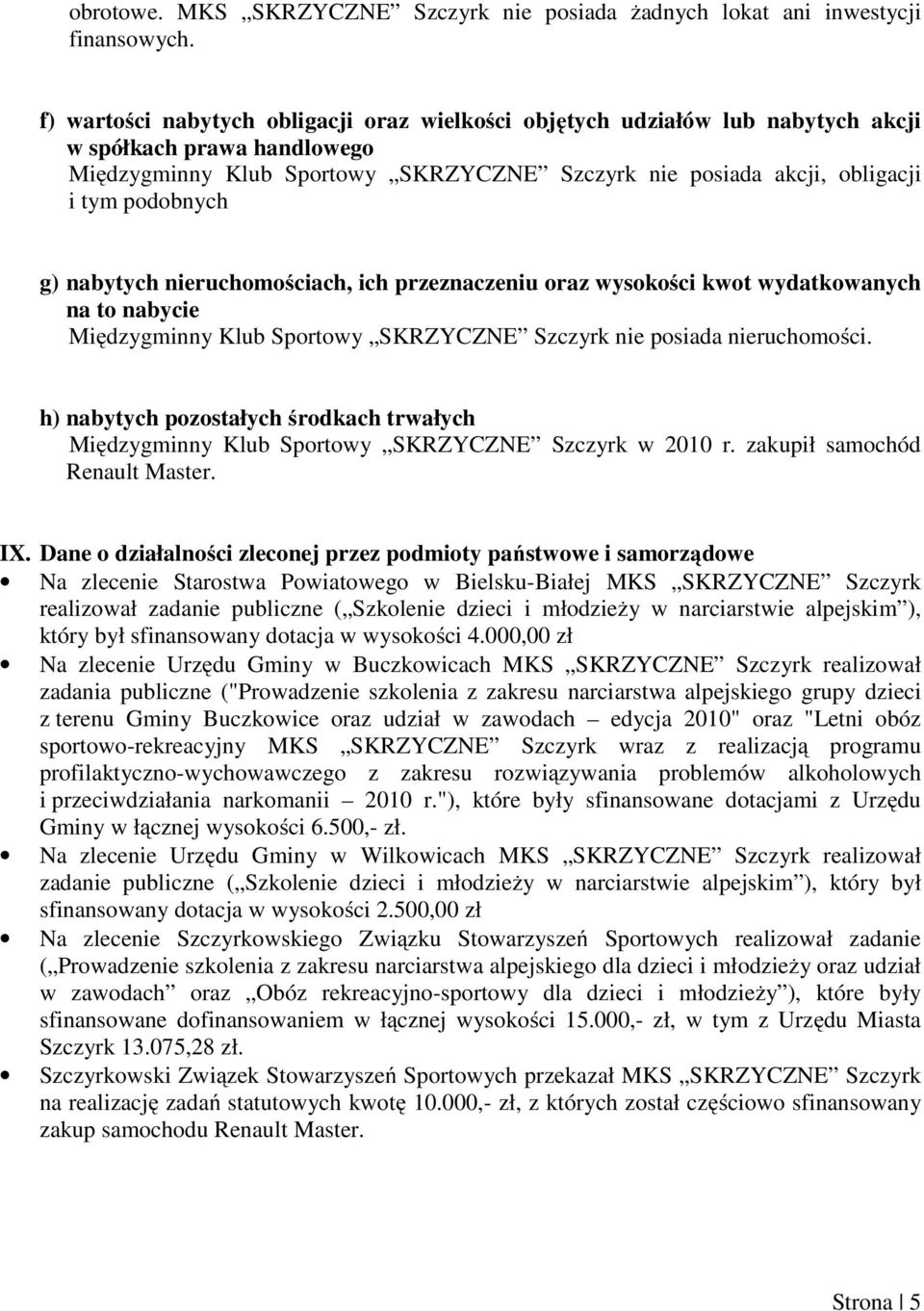 podobnych g) nabytych nieruchomościach, ich przeznaczeniu oraz wysokości kwot wydatkowanych na to nabycie Międzygminny Klub Sportowy SKRZYCZNE Szczyrk nie posiada nieruchomości.