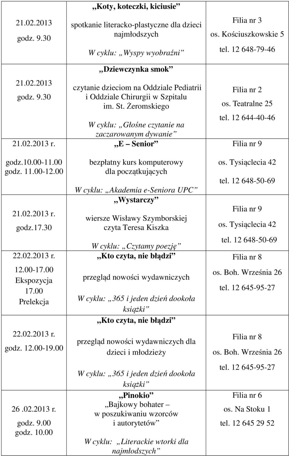 Koty, koteczki, kiciusie spotkanie literacko-plastyczne dla dzieci najmłodszych W cyklu: Wyspy wyobraźni Dziewczynka smok czytanie dzieciom na Oddziale Pediatrii i Oddziale