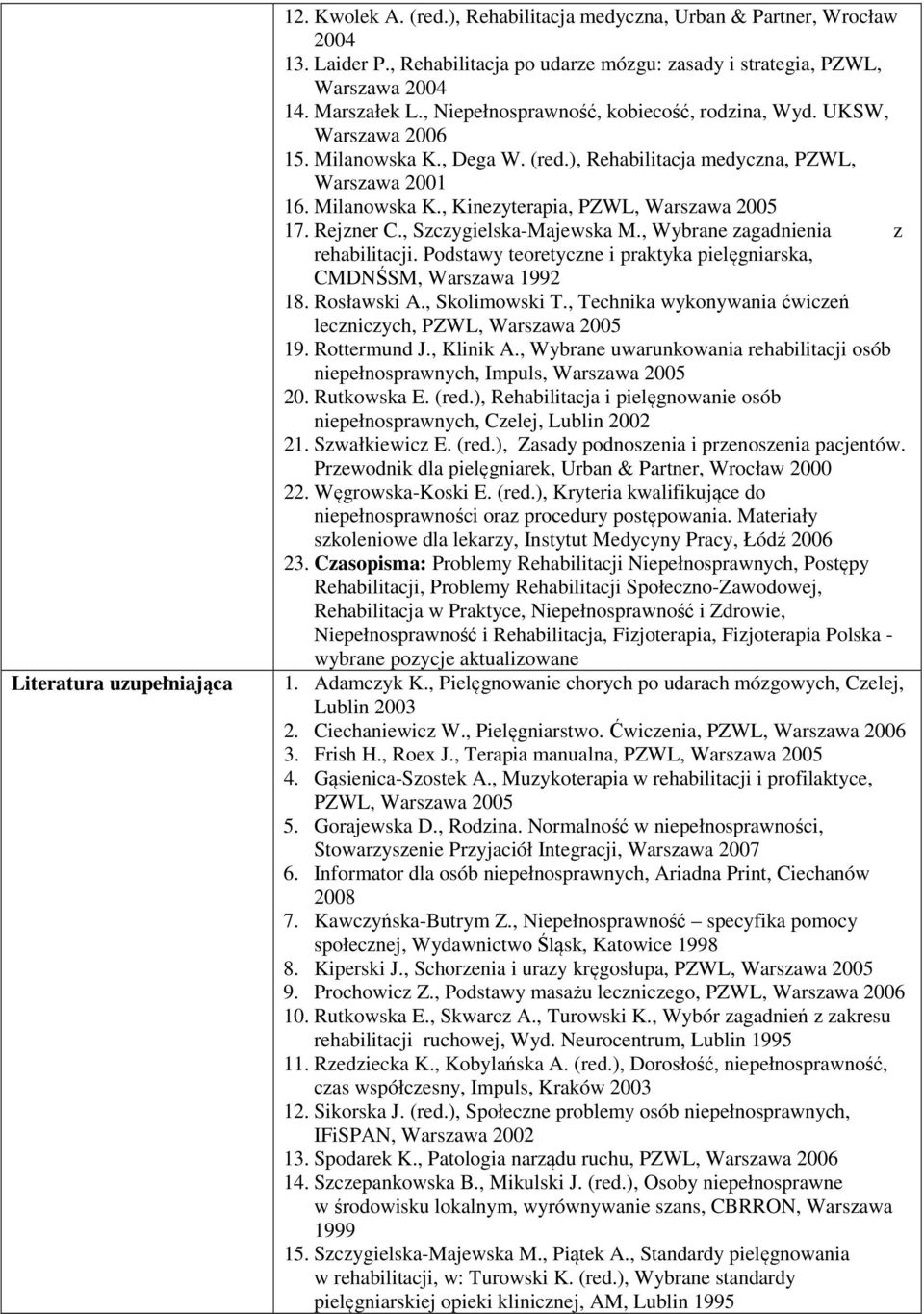 Rejzner C., Szczygielska-Majewska M., Wybrane zagadnienia z rehabilitacji. Podstawy teoretyczne i praktyka pielęgniarska, CMDNŚSM, Warszawa 199 18. Rosławski A., Skolimowski T.