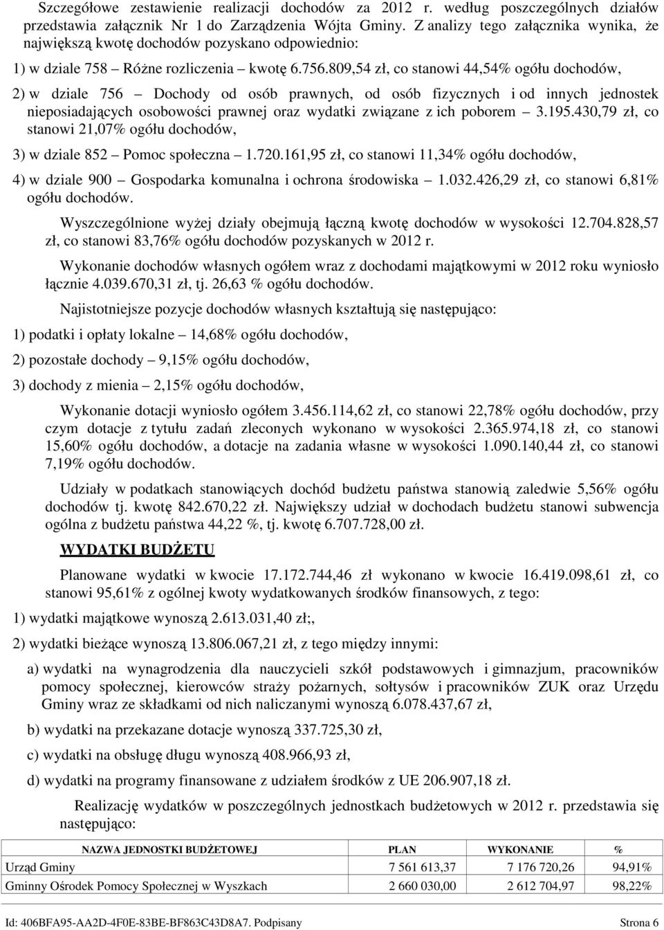 809,54 zł, co stanowi 44,54% ogółu dochodów, 2) w dziale 756 Dochody od osób prawnych, od osób fizycznych i od innych jednostek nieposiadających osobowości prawnej oraz wydatki związane z ich poborem