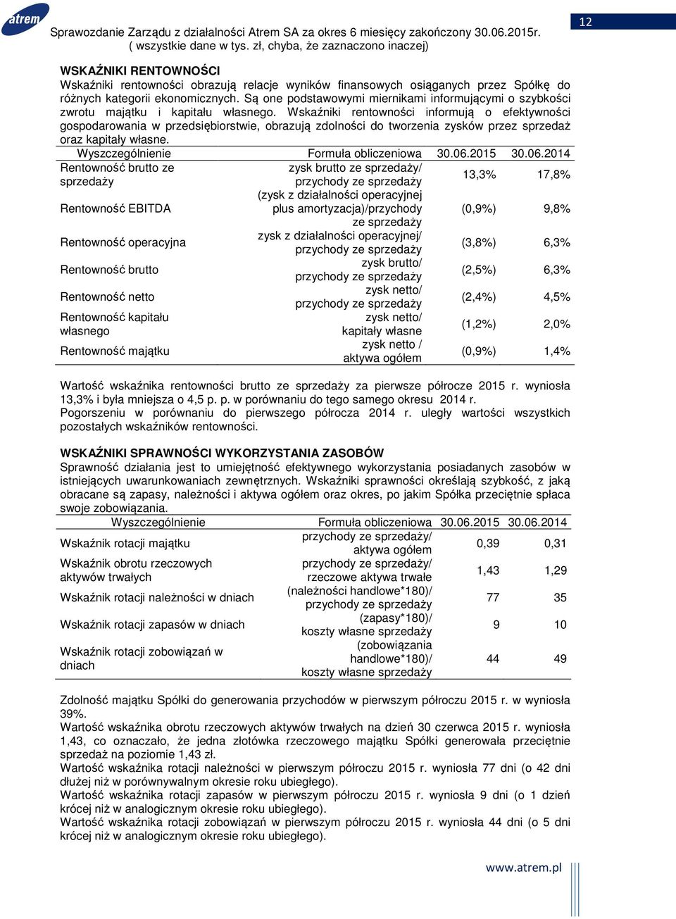 Wskaźniki rentowności informują o efektywności gospodarowania w przedsiębiorstwie, obrazują zdolności do tworzenia zysków przez sprzedaż oraz kapitały własne. Wyszczególnienie Formuła obliczeniowa 30.