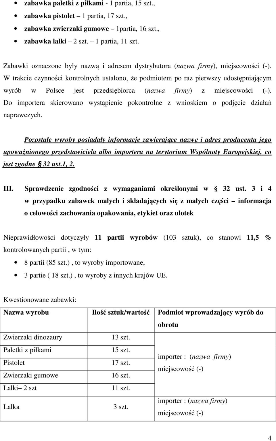 W trakcie czynności kontrolnych ustalono, że podmiotem po raz pierwszy udostępniającym wyrób w Polsce jest przedsiębiorca (nazwa firmy) z miejscowości (-).