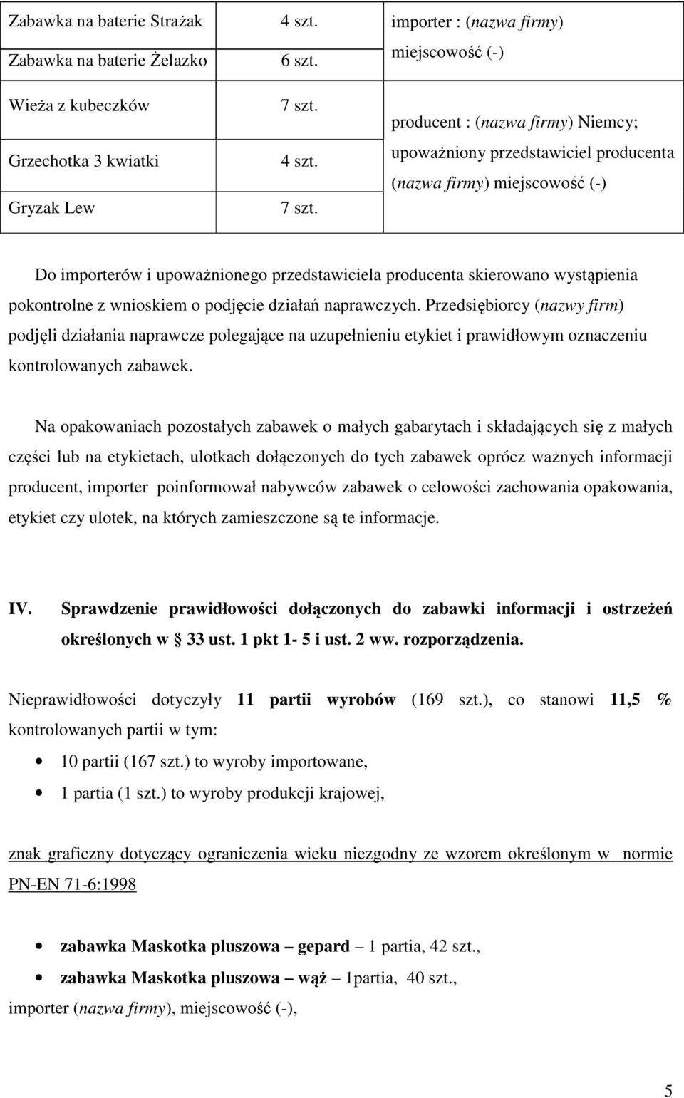 producent : (nazwa firmy) Niemcy; upoważniony przedstawiciel producenta (nazwa firmy) miejscowość (-) Do importerów i upoważnionego przedstawiciela producenta skierowano wystąpienia pokontrolne z