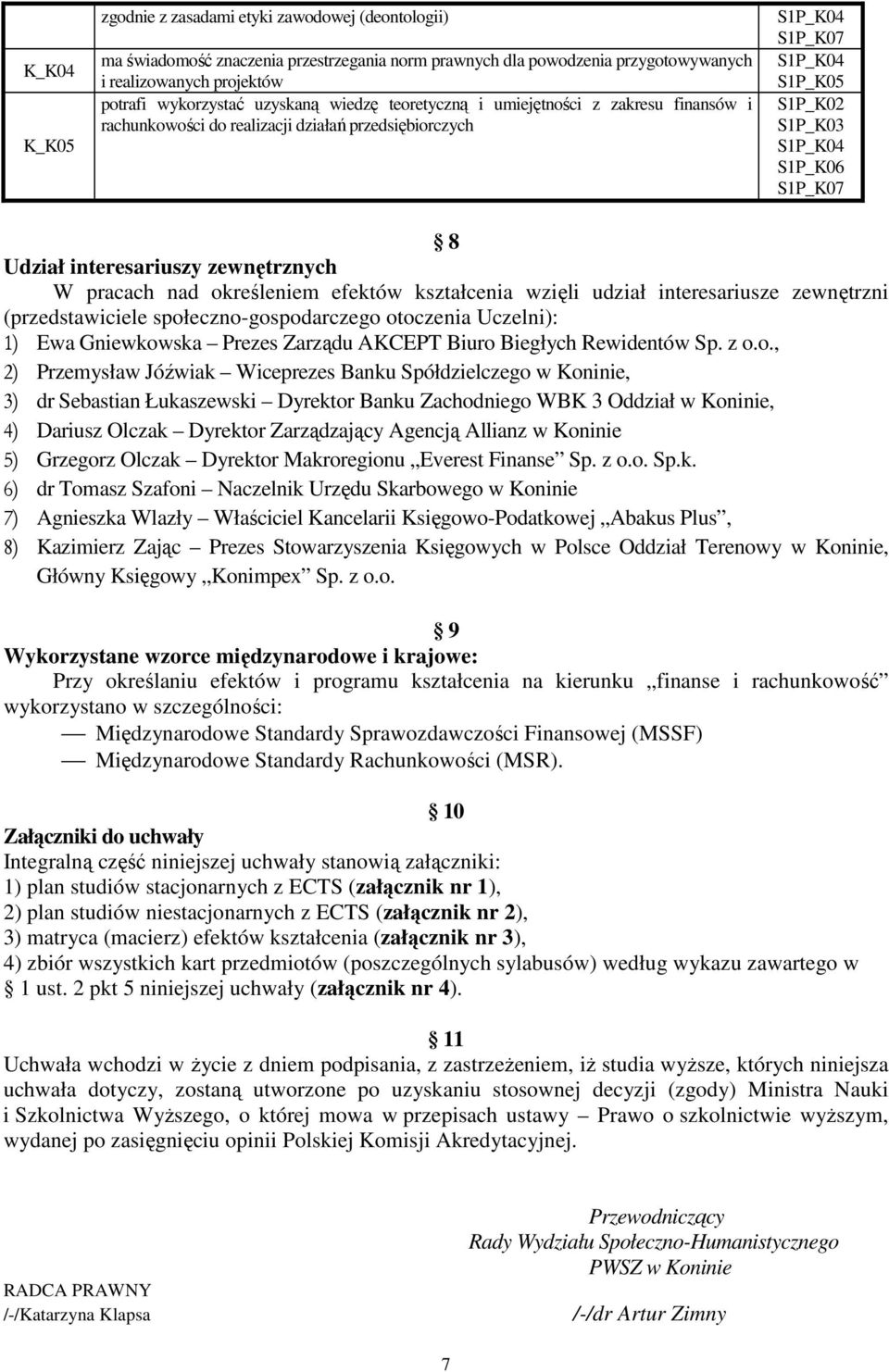 interesariuszy zewnętrznych W pracach nad określeniem efektów kształcenia wzięli udział interesariusze zewnętrzni (przedstawiciele społeczno-gospodarczego otoczenia Uczelni): 1) Ewa Gniewkowska