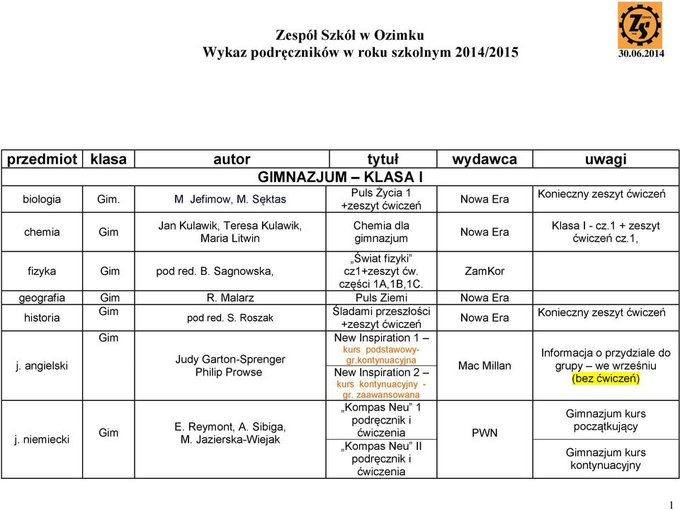 niemiecki Judy Garton-Sprenger Philip Prowse E. Reymont, A. Sibiga, M. Jazierska-Wiejak +zeszyt ćwiczeń New Inspiration 1 kurs podstawowygr.kontynuacyjna New Inspiration 2 kurs kontynuacyjny - gr.