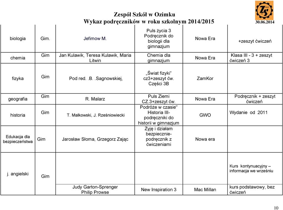 Pod red..b..sagnowskiej, Świat fizyki cz3+zeszyt ćw. Części 3B ZamKor geografia historia Edukacja dla bezpieczeństwa R. Malarz T. Malkowski, J.