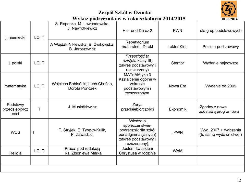 2 PWN dla grup podstawowych Repetytorium maturalne Direkt Lektor Klett Poziom podstawowy Przeszłość to dziś(dla klasy III; zakres podstawowy i rozszerzony) MATeMAtyka 3 Kształcenie ogólne w zakresie