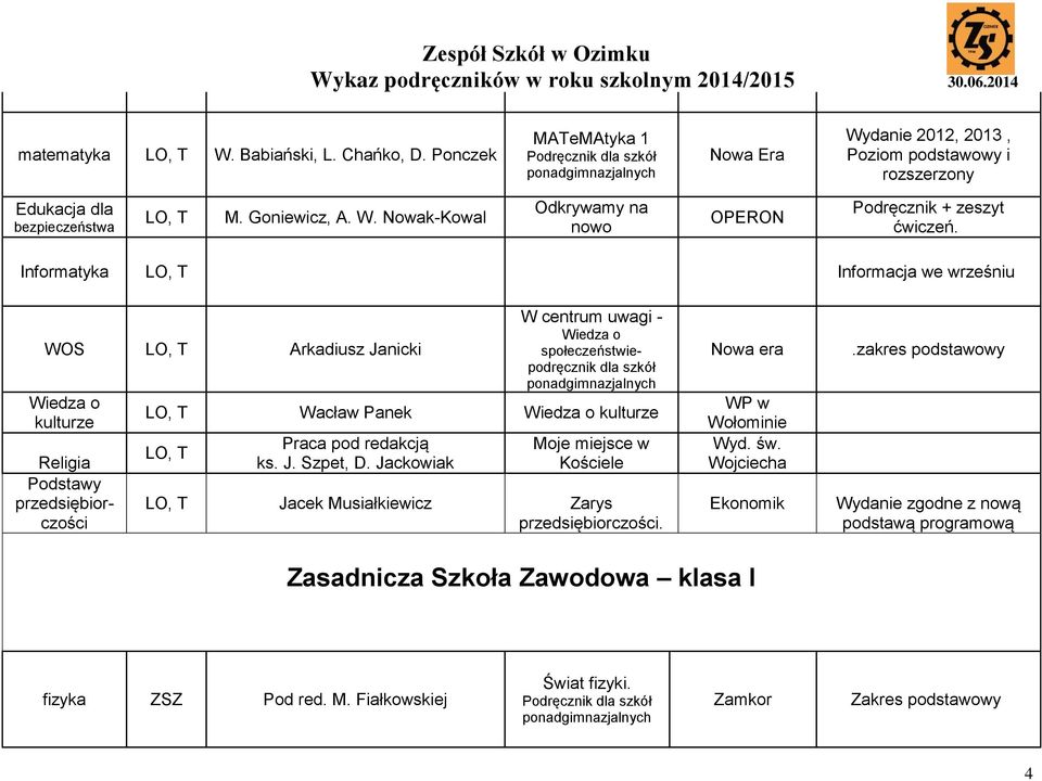 Informatyka, T Informacja we wrześniu WOS, T Arkadiusz Janicki Wiedza o kulturze Religia Podstawy przedsiębiorczości W centrum uwagi - Wiedza o społeczeństwiepodręcznik dla szkół ponadgimnazjalnych,