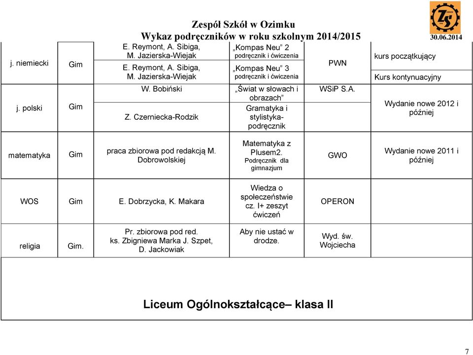 kurs początkujący Kurs kontynuacyjny Wydanie nowe 2012 i później matematyka praca zbiorowa pod redakcją M. Dobrowolskiej Matematyka z Plusem2.