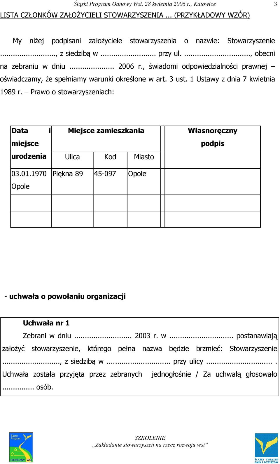 Prawo o stowarzyszeniach: Data i Miejsce zamieszkania miejsce urodzenia Ulica Kod Miasto Własnoręczny podpis 03.01.