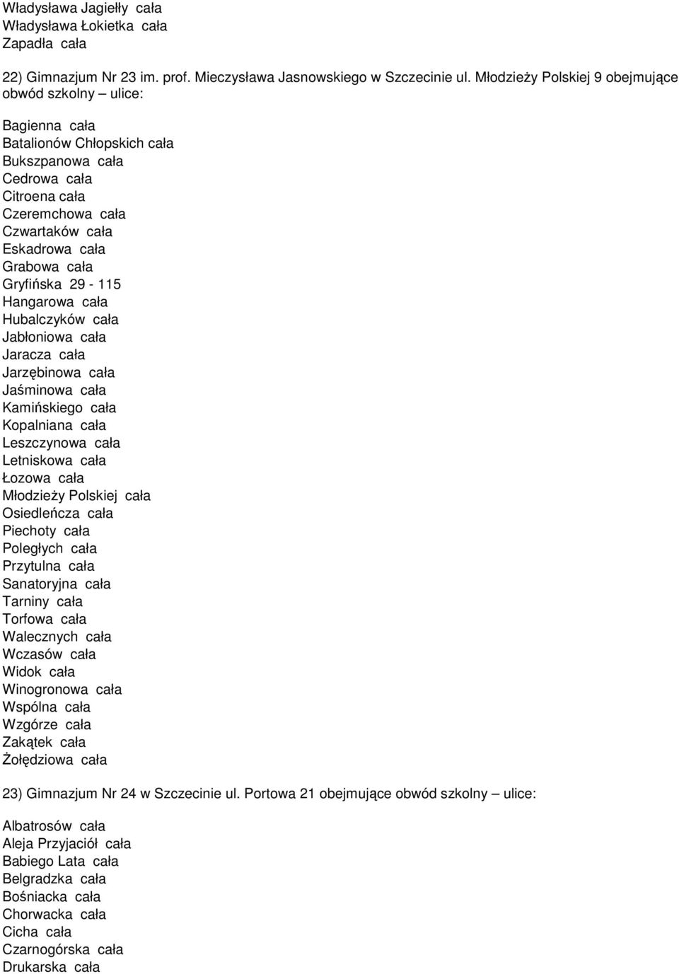 Gryfińska 29-115 Hangarowa cała Hubalczyków cała Jabłoniowa cała Jaracza cała Jarzębinowa cała Jaśminowa cała Kamińskiego cała Kopalniana cała Leszczynowa cała Letniskowa cała Łozowa cała MłodzieŜy