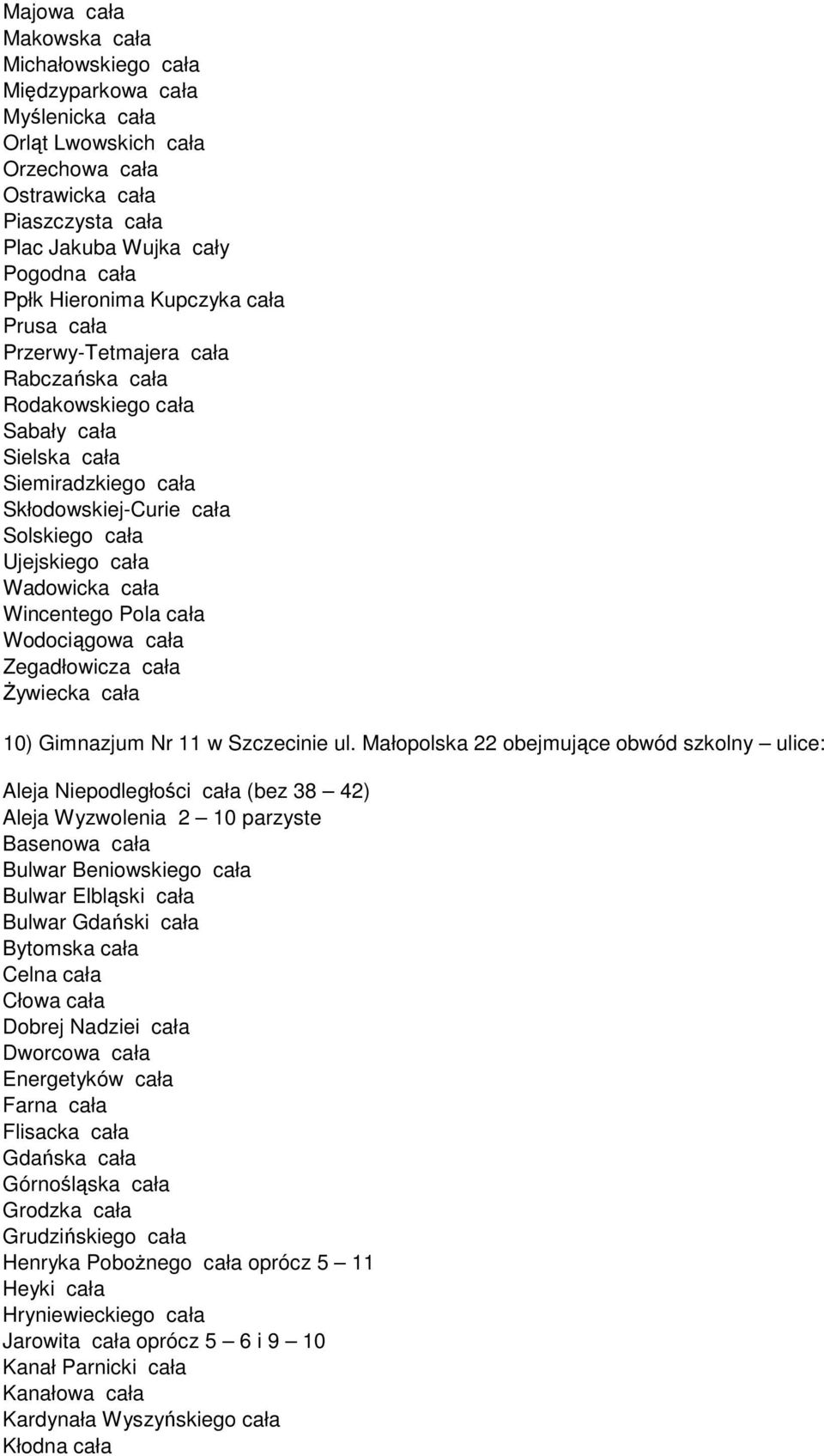 Wadowicka cała Wincentego Pola cała Wodociągowa cała Zegadłowicza cała śywiecka cała 10) Gimnazjum Nr 11 w Szczecinie ul.