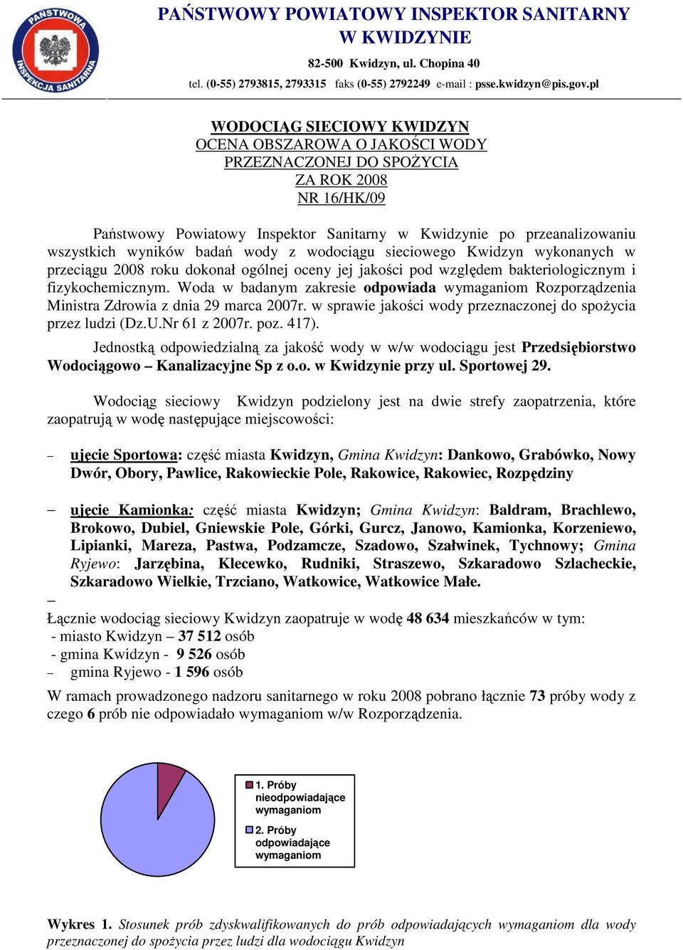 Woda w badanym zakresie odpowiada Rozporządzenia Ministra Zdrowia z dnia 29 marca 2007r. w sprawie jakości wody przeznaczonej do spoŝycia przez ludzi (Dz.U.Nr 61 z 2007r. poz. 417).