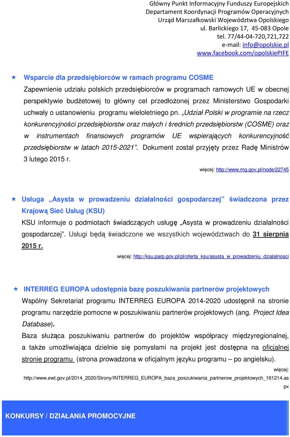 Udział Polski w programie na rzecz konkurencyjności przedsiębiorstw oraz małych i średnich przedsiębiorstw (COSME) oraz w instrumentach finansowych programów UE wspierających konkurencyjność