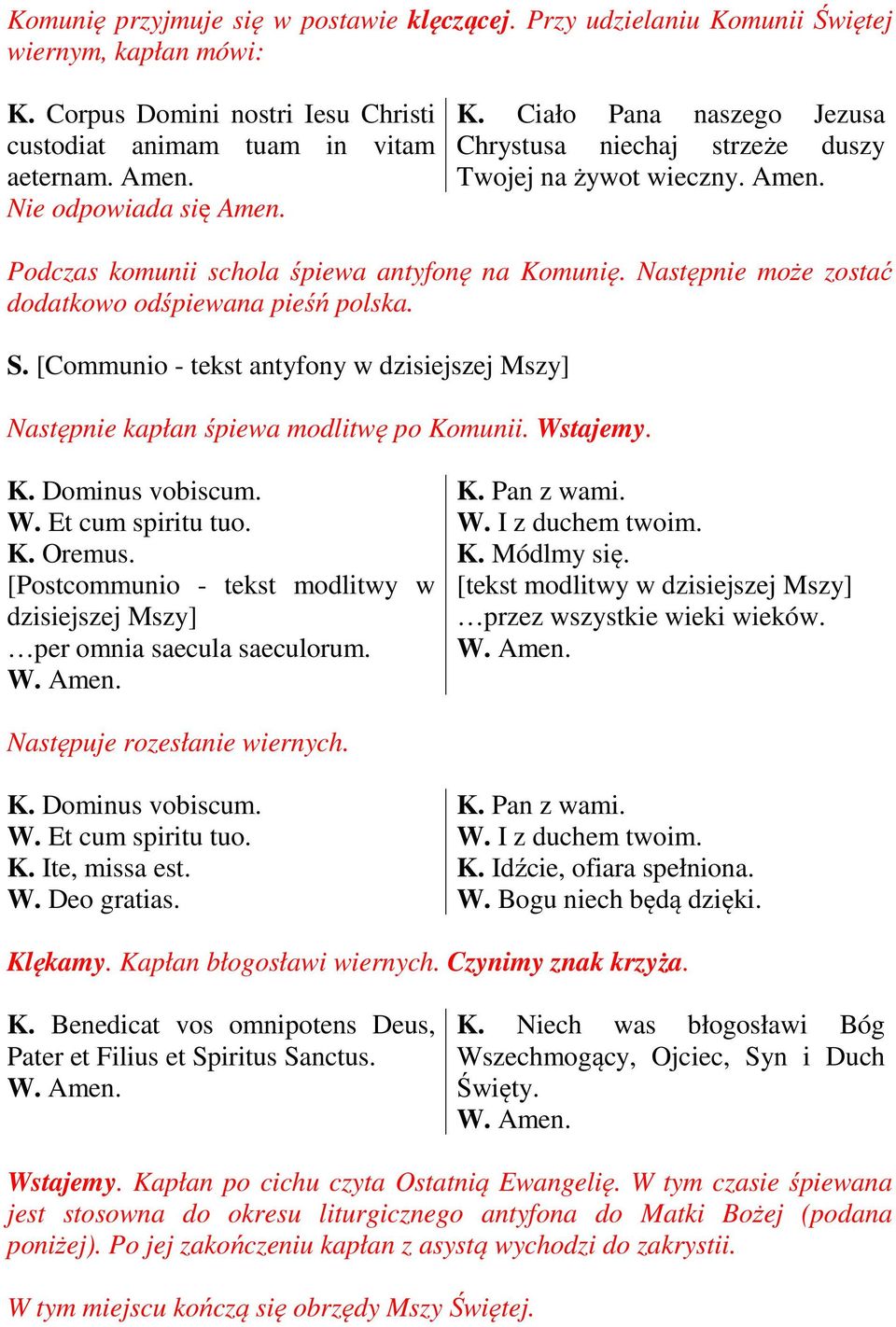 Następnie może zostać dodatkowo odśpiewana pieśń polska. S. [Communio - tekst antyfony w dzisiejszej Mszy] Następnie kapłan śpiewa modlitwę po Komunii. Wstajemy. K. Dominus vobiscum. W. Et cum spiritu tuo.