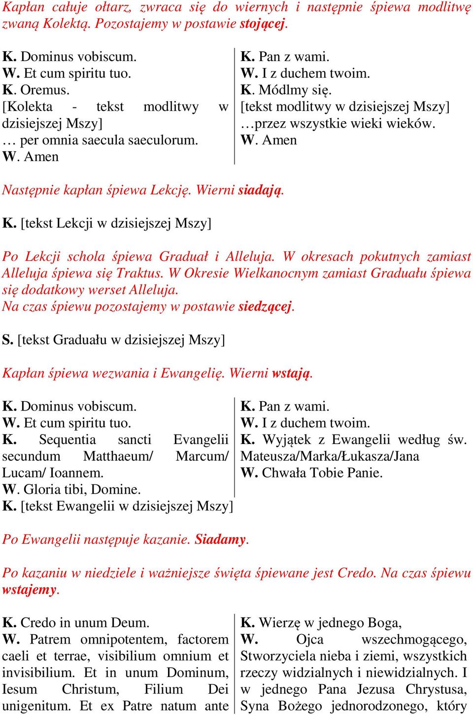 W. Amen Następnie kapłan śpiewa Lekcję. Wierni siadają. K. [tekst Lekcji w dzisiejszej Mszy] Po Lekcji schola śpiewa Graduał i Alleluja. W okresach pokutnych zamiast Alleluja śpiewa się Traktus.