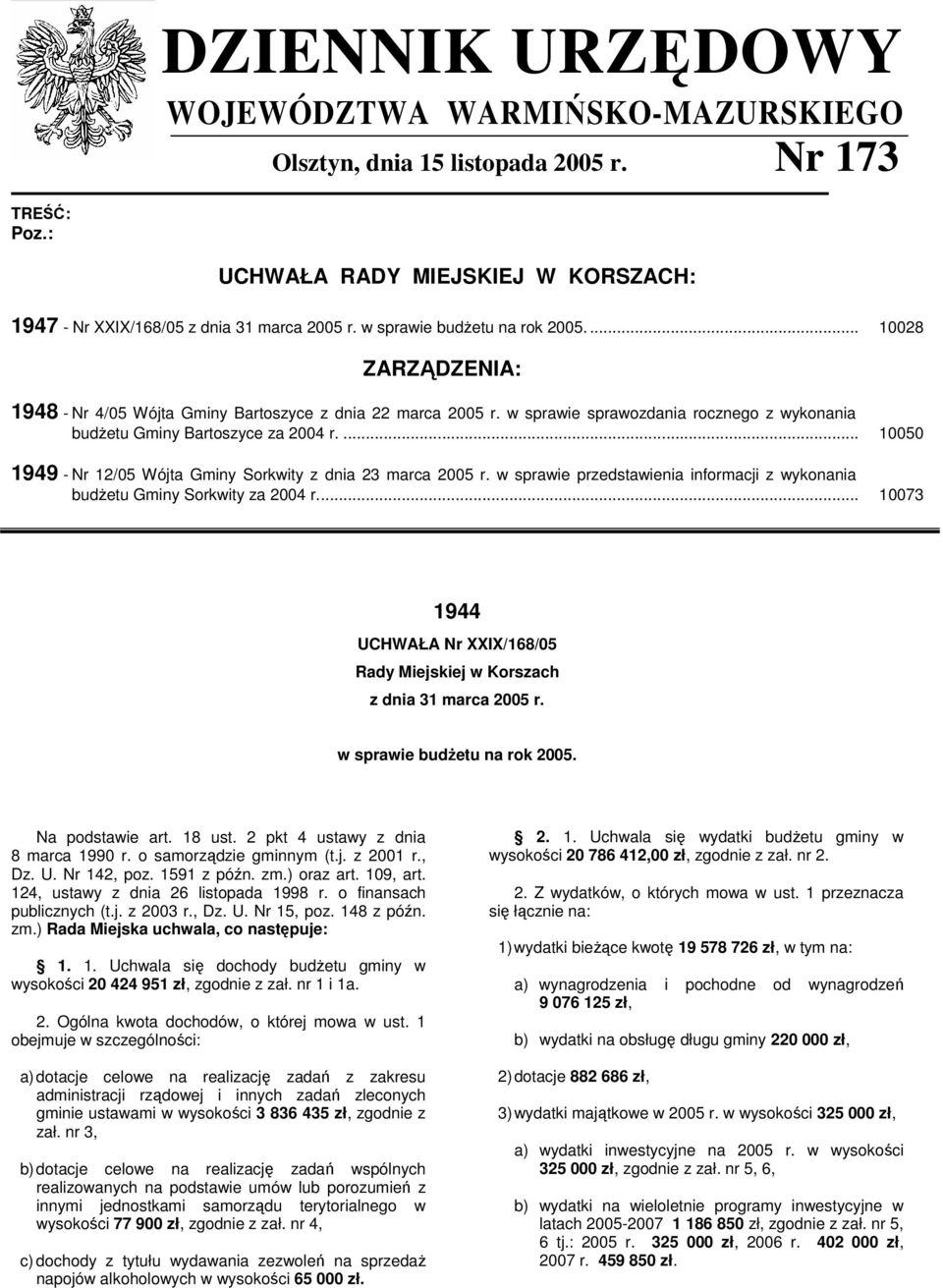 ... 10050 1949 - Nr 12/05 Wójta Gminy Sorkwity z dnia 23 marca 2005 r. w sprawie przedstawienia informacji z wykonania budŝetu Gminy Sorkwity za 2004 r.