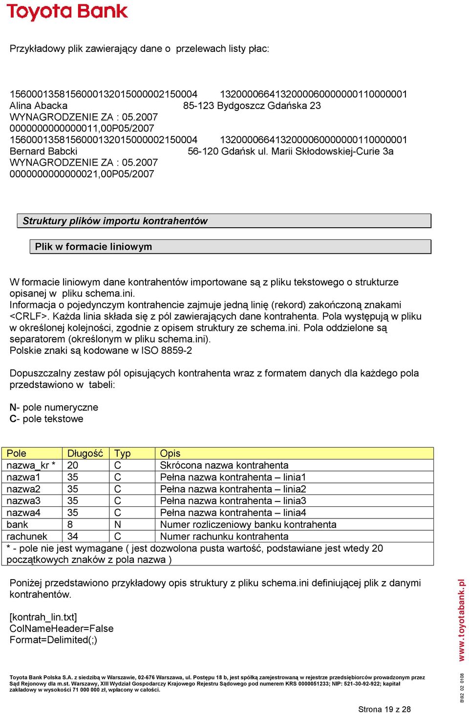 2007 0000000000000021,00P05/2007 Struktury plików importu kontrahentów Plik w formacie liniowym W formacie liniowym dane kontrahentów importowane są z pliku tekstowego o strukturze opisanej w pliku