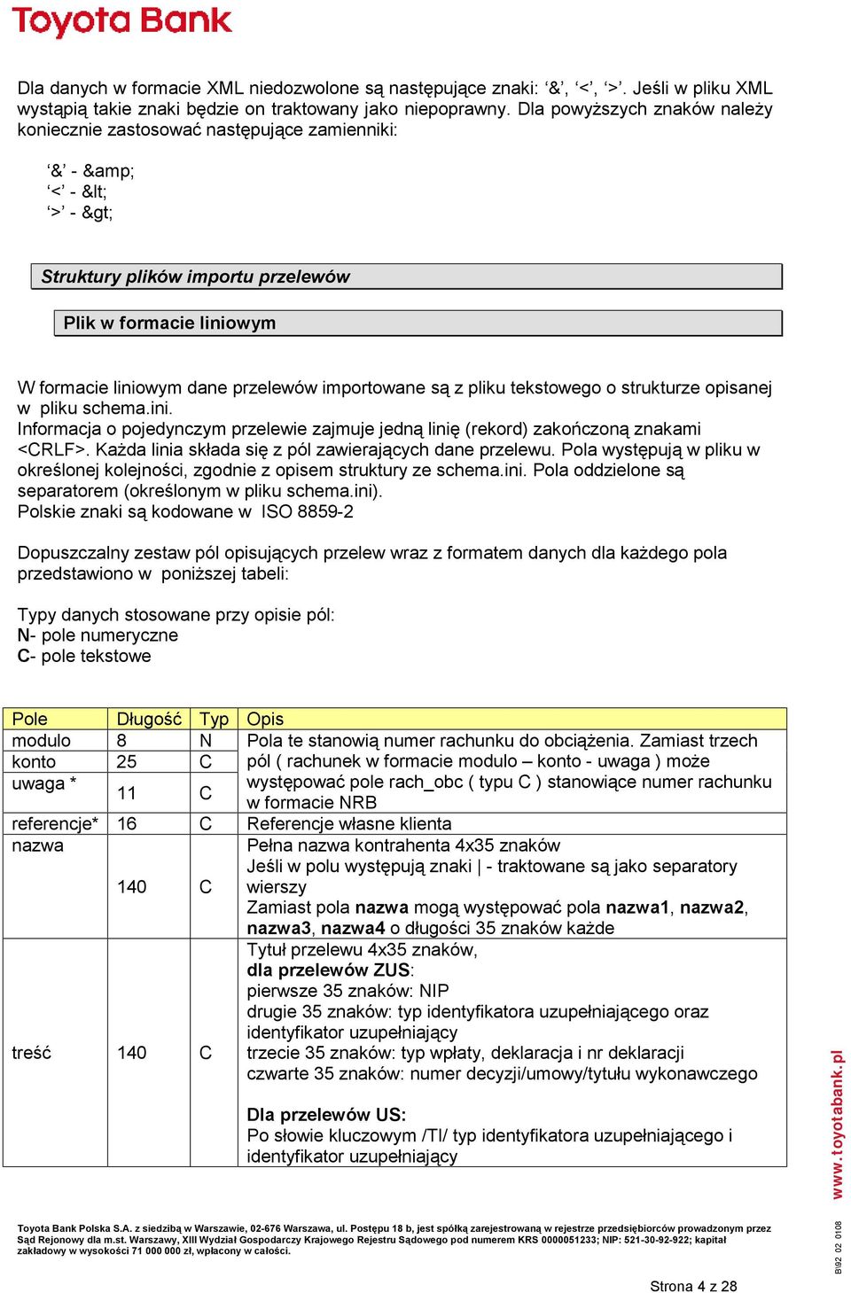 są z pliku tekstowego o strukturze opisanej w pliku schema.ini. Informacja o pojedynczym przelewie zajmuje jedną linię (rekord) zakończoną znakami <CRLF>.