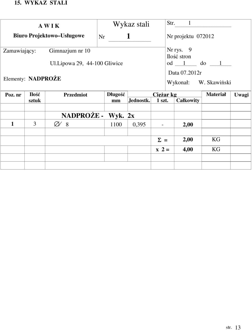 Lipowa 29, 44-100 Gliwice Nr rys. 9 Ilość stron od 1 do 1 Data 07.2012r Wykonał: W. Skawiński Poz.