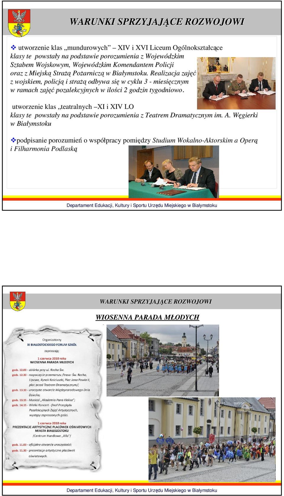 Realizacja zajęć z wojskiem, policją i straŝą odbywa się w cyklu 3 - miesięcznym w ramach zajęć pozalekcyjnych w ilości 2 godzin tygodniowo.