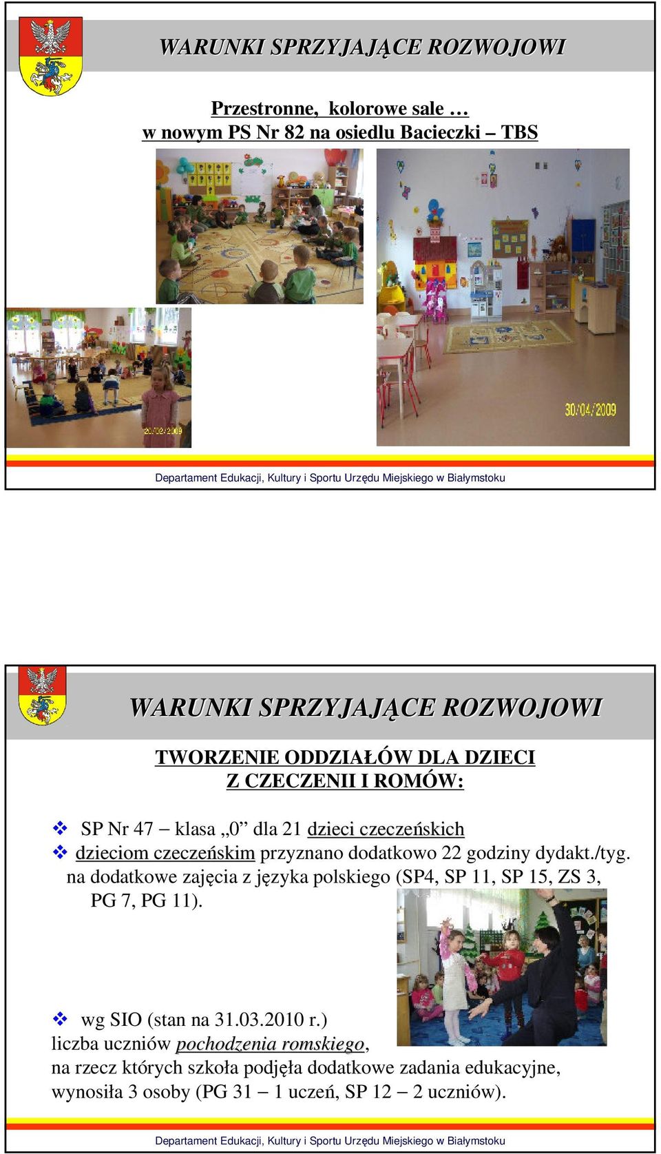 22 godziny dydakt./tyg. na dodatkowe zajęcia z języka polskiego (SP4, SP 11, SP 15, ZS 3, PG 7, PG 11). wg SIO (stan na 31.03.2010 r.