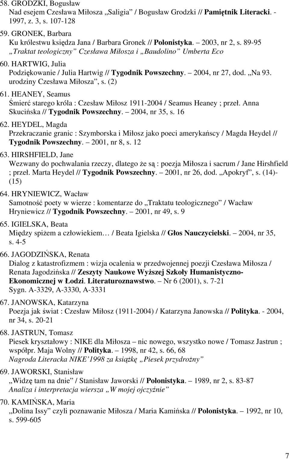 HARTWIG, Julia Podziękowanie / Julia Hartwig // Tygodnik Powszechny. 2004, nr 27, dod. Na 93. urodziny Czesława Miłosza, s. (2) 61.