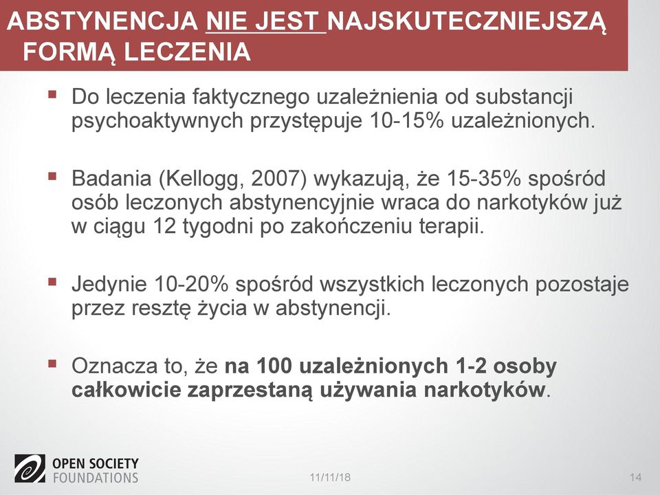 Badania (Kellogg, 2007) wykazują, że 15-35% spośród osób leczonych abstynencyjnie wraca do narkotyków już w ciągu 12