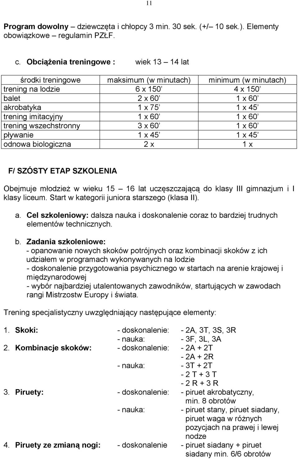 Obciążenia treningowe : wiek 13 14 lat trening na lodzie 6 x 150 4 x 150 balet 2 x 60 1 x 60 akrobatyka 1 x 75 1 x 45 trening imitacyjny 1 x 60 1 x 60 trening wszechstronny 3 x 60 1 x 60 odnowa