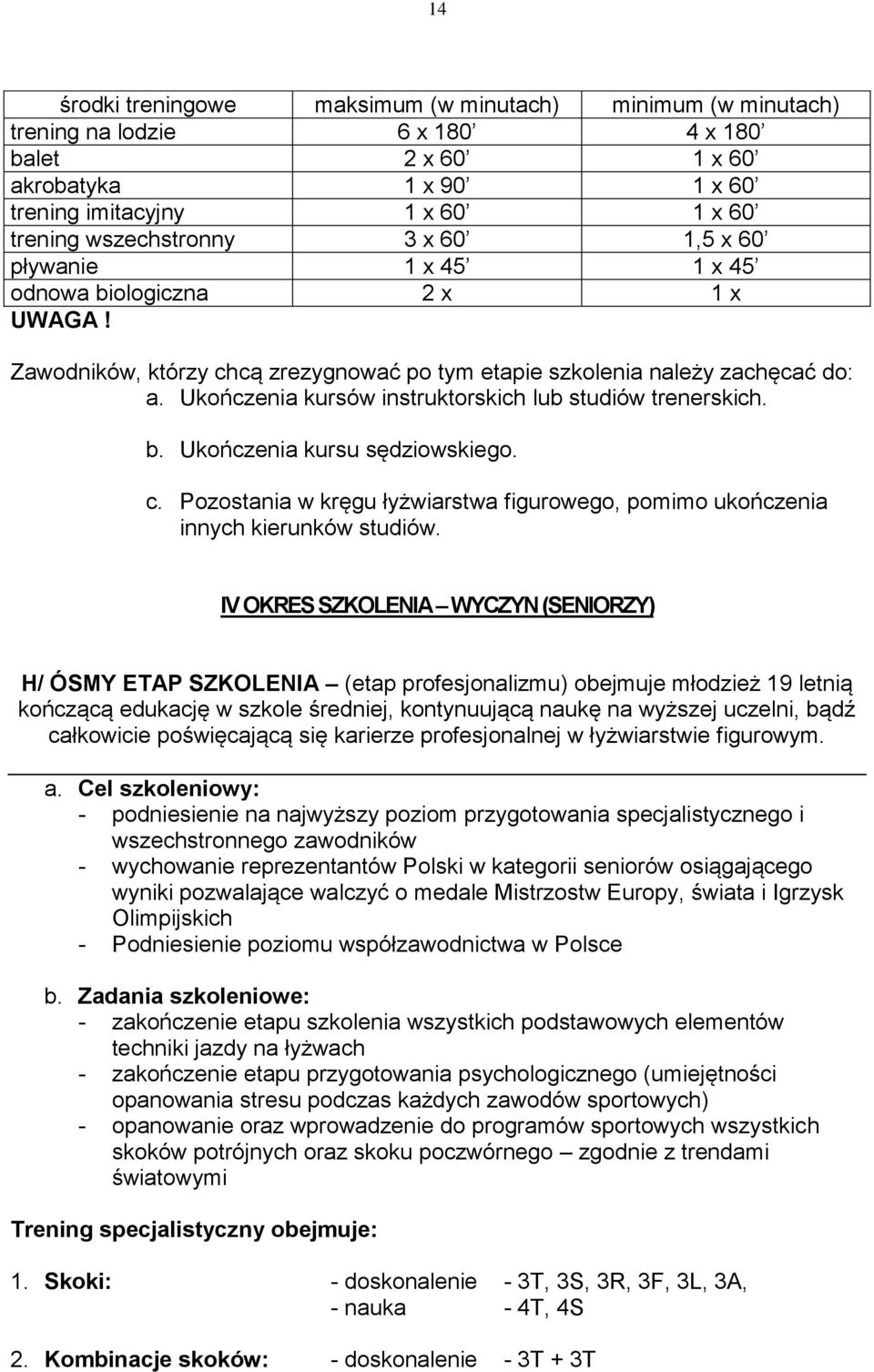 IV OKRES SZKOLENIA WYCZYN (SENIORZY) H/ ÓSMY ETAP SZKOLENIA (etap profesjonalizmu) obejmuje młodzież 19 letnią kończącą edukację w szkole średniej, kontynuującą naukę na wyższej uczelni, bądź