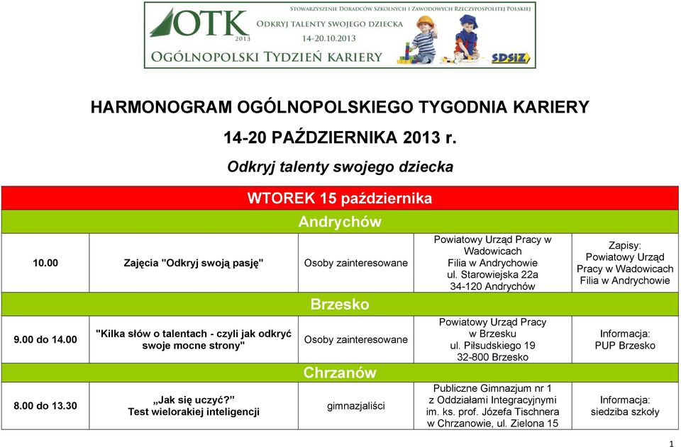 Test wielorakiej inteligencji Brzesko Chrzanów gimnazjaliści Wadowicach Filia w Andrychowie ul. Starowiejska 22a 34-120 Andrychów Pracy w Brzesku ul.