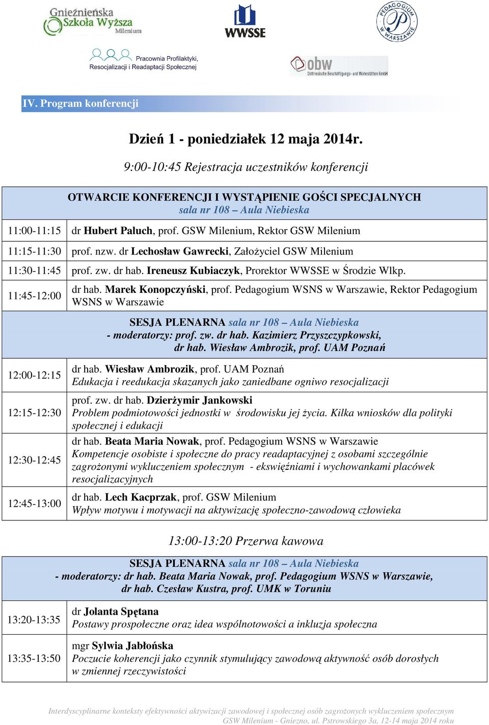 GSW Milenium, Rektor GSW Milenium 11:15-11:30 prof. nzw. dr Lechosław Gawrecki, ZałoŜyciel GSW Milenium 11:30-11:45 prof. zw. dr hab. Ireneusz Kubiaczyk, Prorektor WWSSE w Środzie Wlkp.