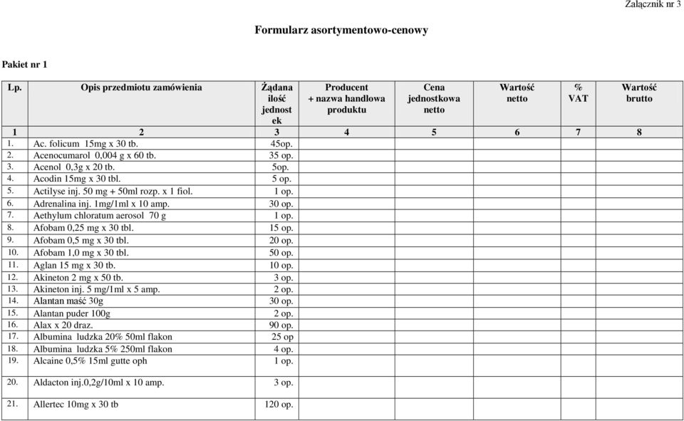 1mg/1ml x 10 amp. 30 op. 7. Aethylum chloratum aerosol 70 g 1 op. 8. Afobam 0,25 mg x 30 tbl. 15 op. 9. Afobam 0,5 mg x 30 tbl. 20 op. 10. Afobam 1,0 mg x 30 tbl. 50 op. 11. Aglan 15 mg x 30 tb.