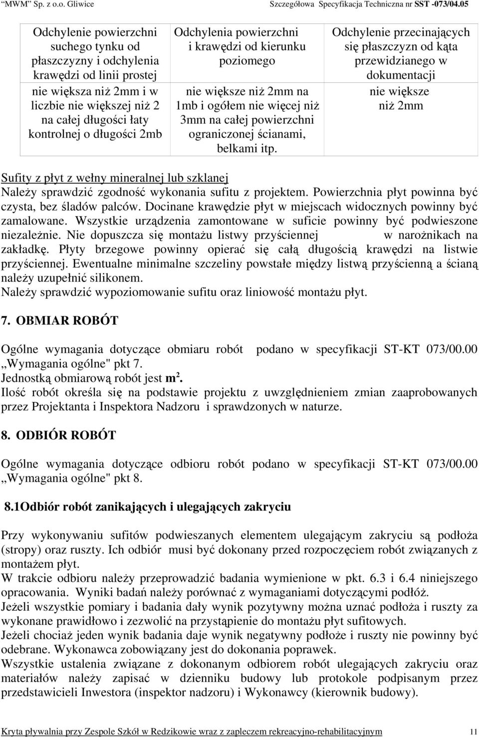 Odchylenie przecinających się płaszczyzn od kąta przewidzianego w dokumentacji nie większe niż 2mm Sufity z płyt z wełny mineralnej lub szklanej Należy sprawdzić zgodność wykonania sufitu z projektem.