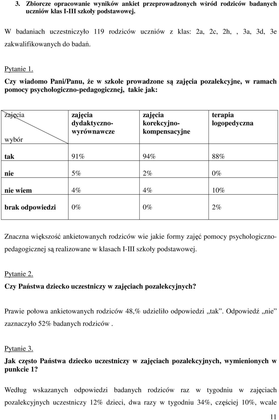 Czy wiadomo Pani/Panu, Ŝe w szkole prowadzone są zajęcia pozalekcyjne, w ramach pomocy psychologiczno-pedagogicznej, takie jak: zajęcia wybór zajęcia dydaktycznowyrównawcze zajęcia