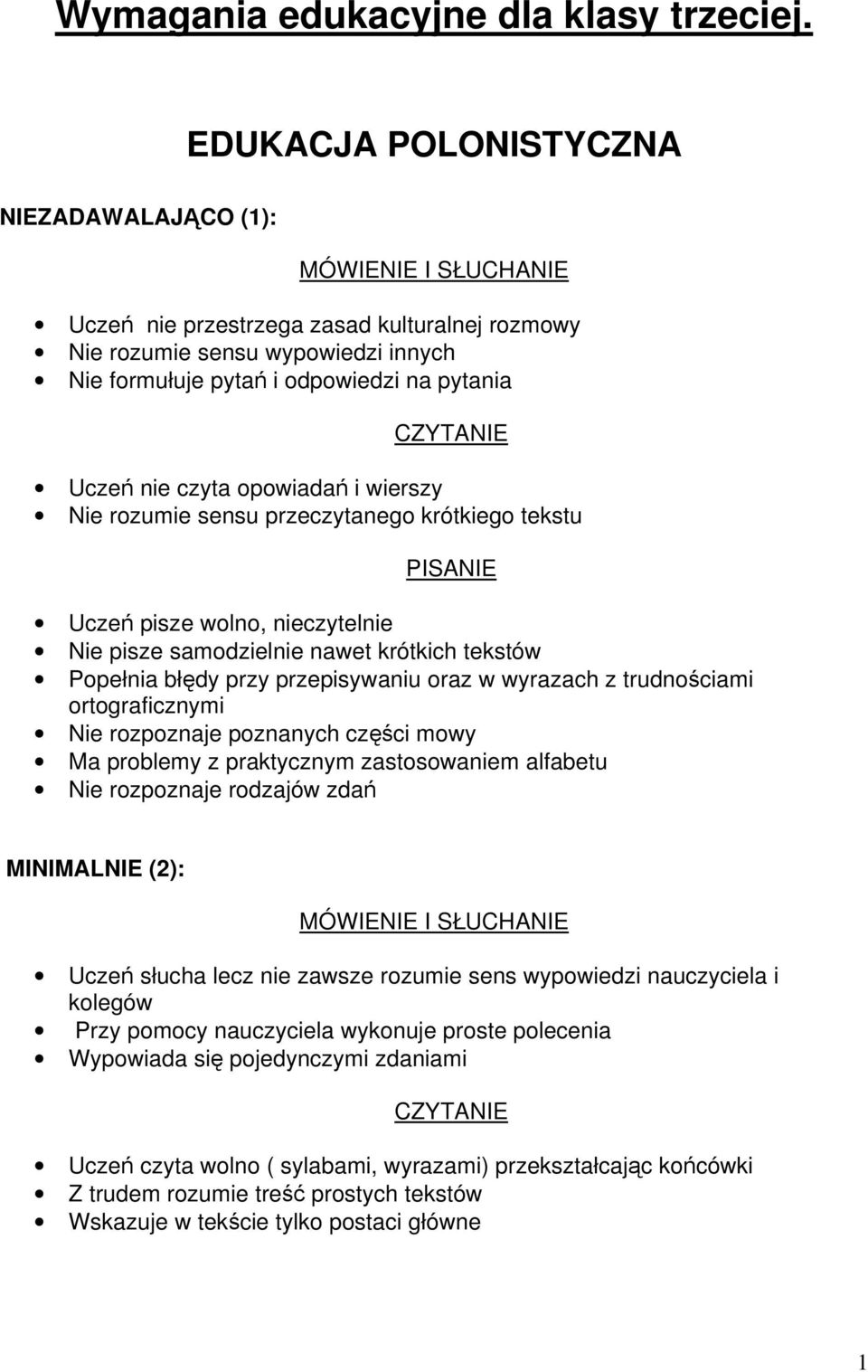 CZYTANIE Uczeń nie czyta opowiadań i wierszy Nie rozumie sensu przeczytanego krótkiego tekstu PISANIE Uczeń pisze wolno, nieczytelnie Nie pisze samodzielnie nawet krótkich tekstów Popełnia błędy przy