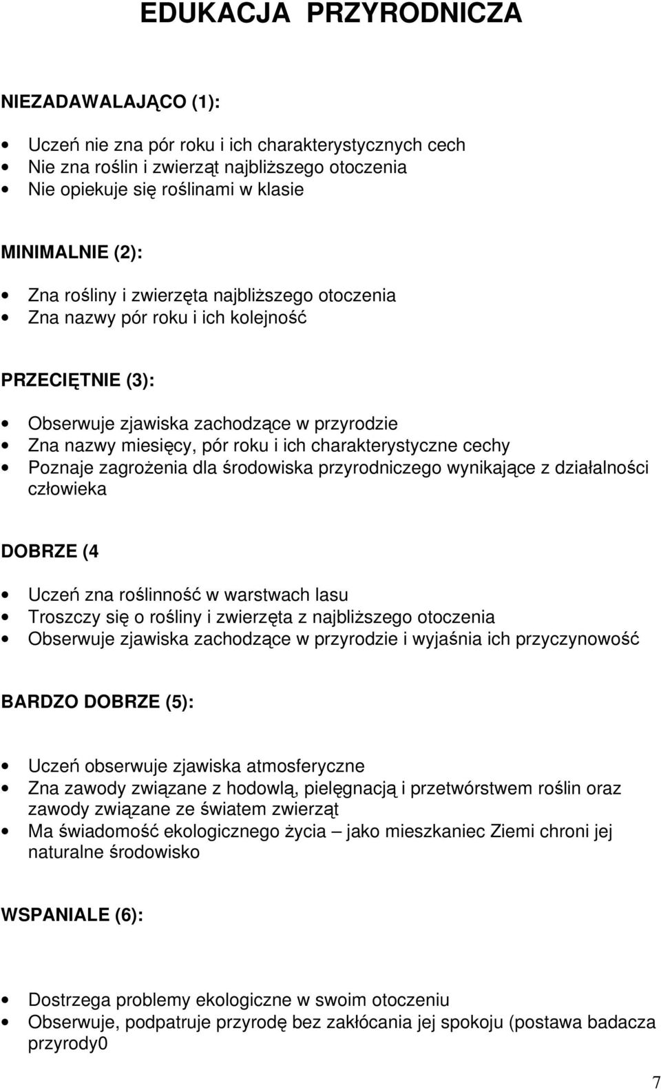 środowiska przyrodniczego wynikające z działalności człowieka DOBRZE (4 Uczeń zna roślinność w warstwach lasu Troszczy się o rośliny i zwierzęta z najbliższego otoczenia Obserwuje zjawiska zachodzące