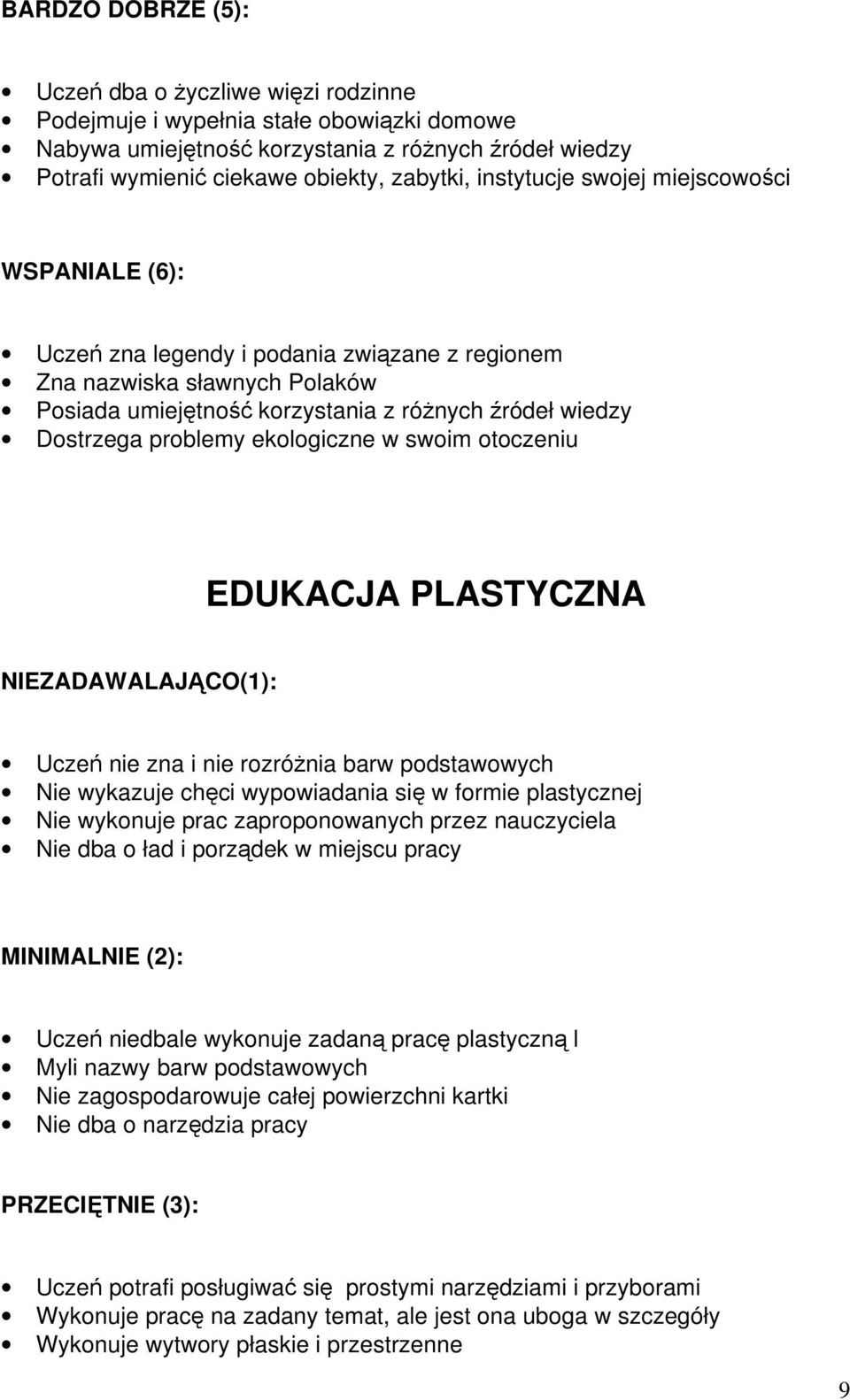 ekologiczne w swoim otoczeniu EDUKACJA PLASTYCZNA NIEZADAWALAJĄCO(1): Uczeń nie zna i nie rozróżnia barw podstawowych Nie wykazuje chęci wypowiadania się w formie plastycznej Nie wykonuje prac