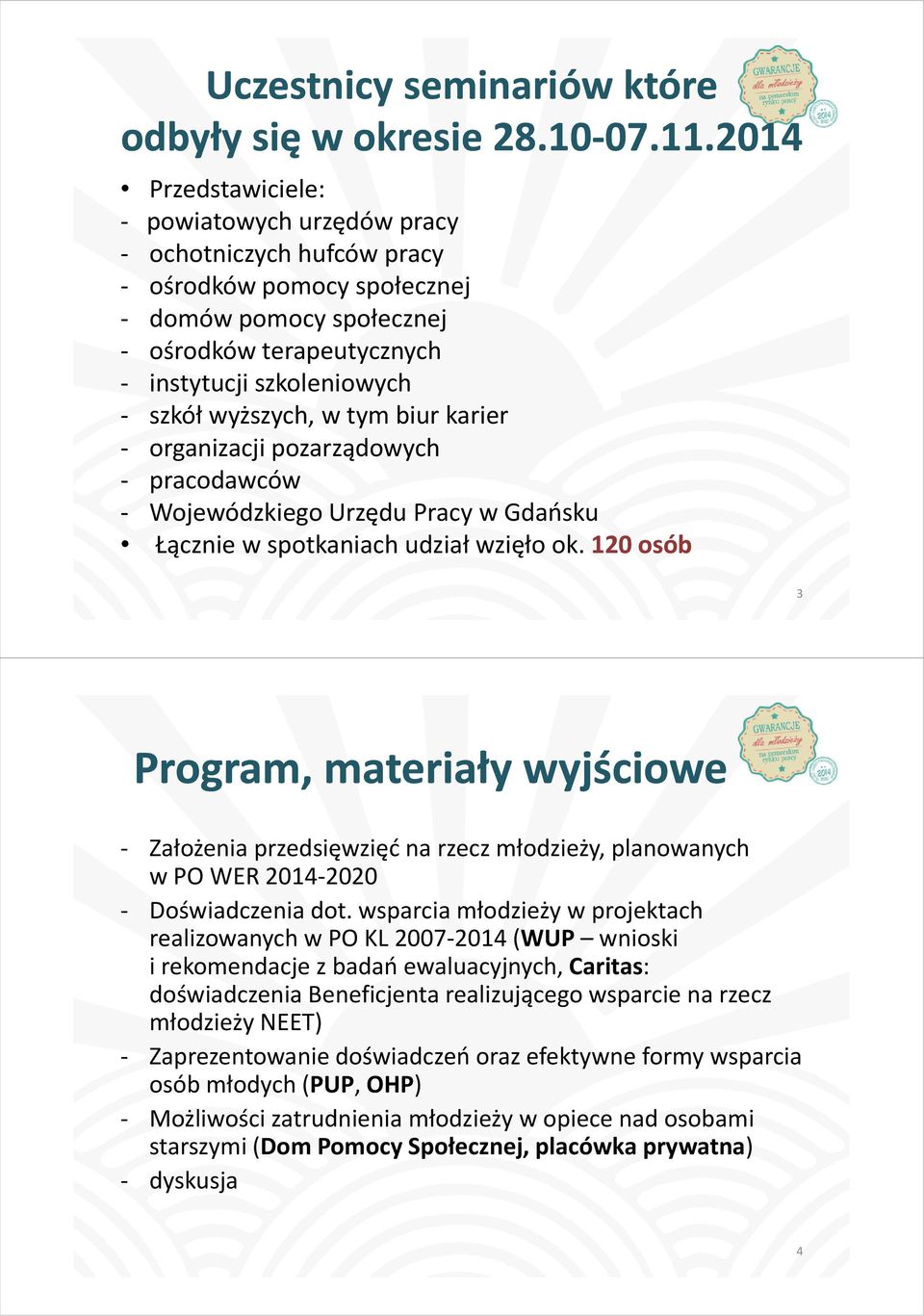 2014 Przedstawiciele: - powiatowych urzędów pracy - ochotniczych hufców pracy - ośrodków pomocy społecznej - domów pomocy społecznej - ośrodków terapeutycznych - instytucji szkoleniowych - szkół