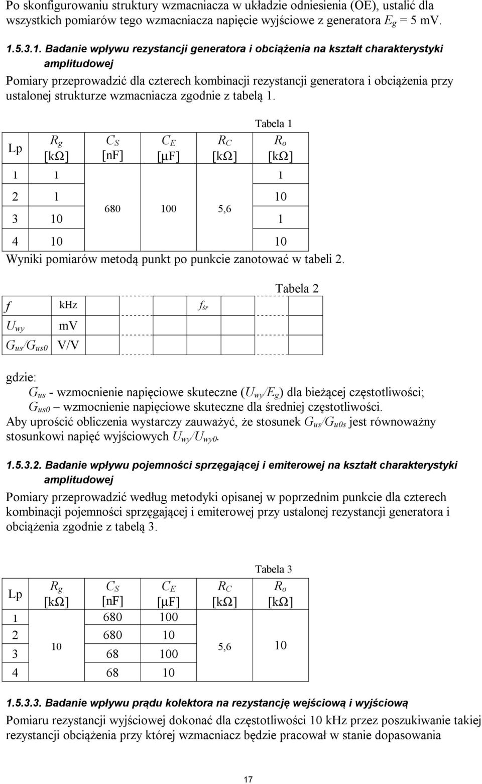 Badanie wpływu rezystancji generatora i obciążenia na kształt charakterystyki amplitudoj Pomiary przeprowadzić dla czterech kombinacji rezystancji generatora i obciążenia przy ustalonej strukturze