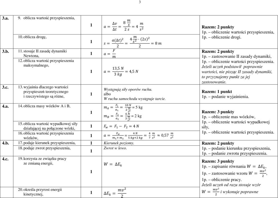 3,5 3 4,5 4 8 Występują siły oporów ruchu. albo W ruchu samochodu występuje tarcie. = 5 kg = kg Razem: punkty p. zastosowanie II zasady dynamiki, p. obliczenie wartości przyspieszenia.