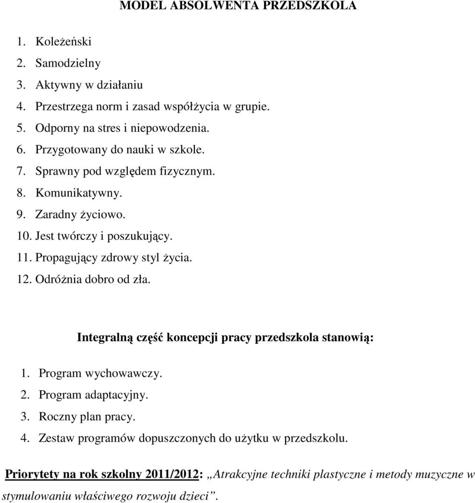 Propagujący zdrowy styl życia. 12. Odróżnia dobro od zła. Integralną część koncepcji pracy przedszkola stanowią: 1. Program wychowawczy. 2. Program adaptacyjny. 3.