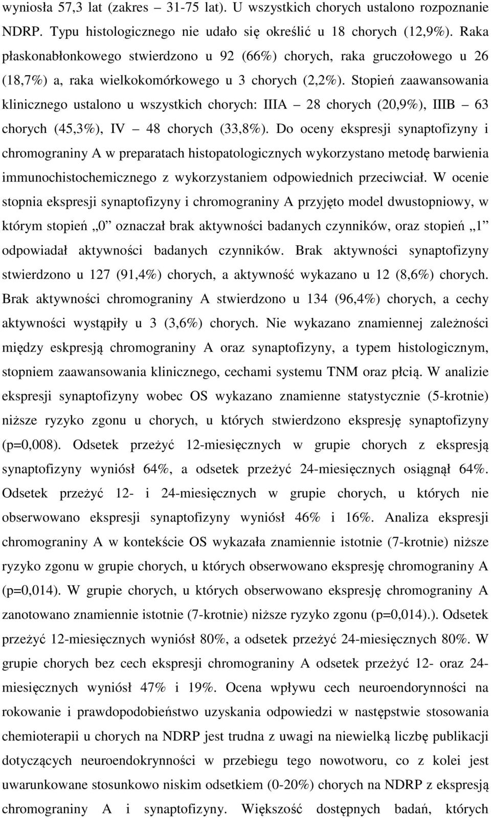 Stopień zaawansowania klinicznego ustalono u wszystkich chorych: IIIA 28 chorych (20,9%), IIIB 63 chorych (45,3%), IV 48 chorych (33,8%).