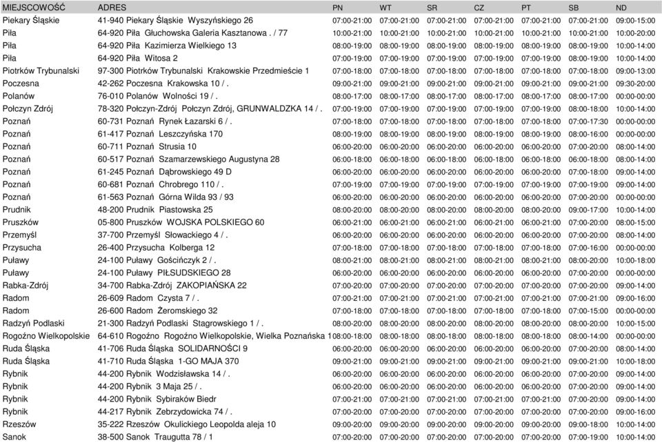 08:00-19:00 10:00-14:00 Piła 64-920 Piła Witosa 2 07:00-19:00 07:00-19:00 07:00-19:00 07:00-19:00 07:00-19:00 08:00-19:00 10:00-14:00 Piotrków Trybunalski 97-300 Piotrków Trybunalski Krakowskie