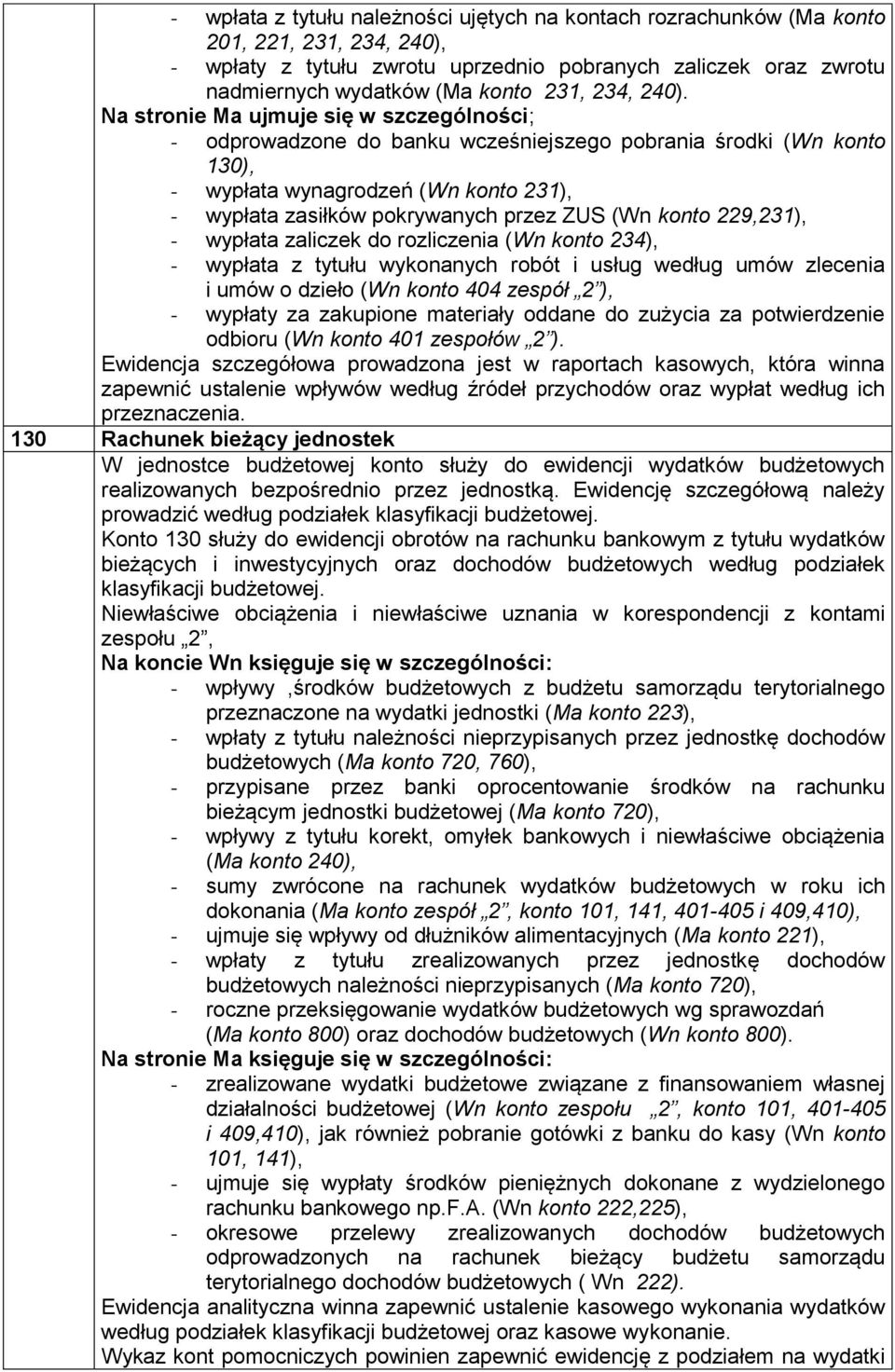 Na stronie Ma ujmuje się w szczególności; - odprowadzone do banku wcześniejszego pobrania środki (Wn konto 130), - wypłata wynagrodzeń (Wn konto 231), - wypłata zasiłków pokrywanych przez ZUS (Wn