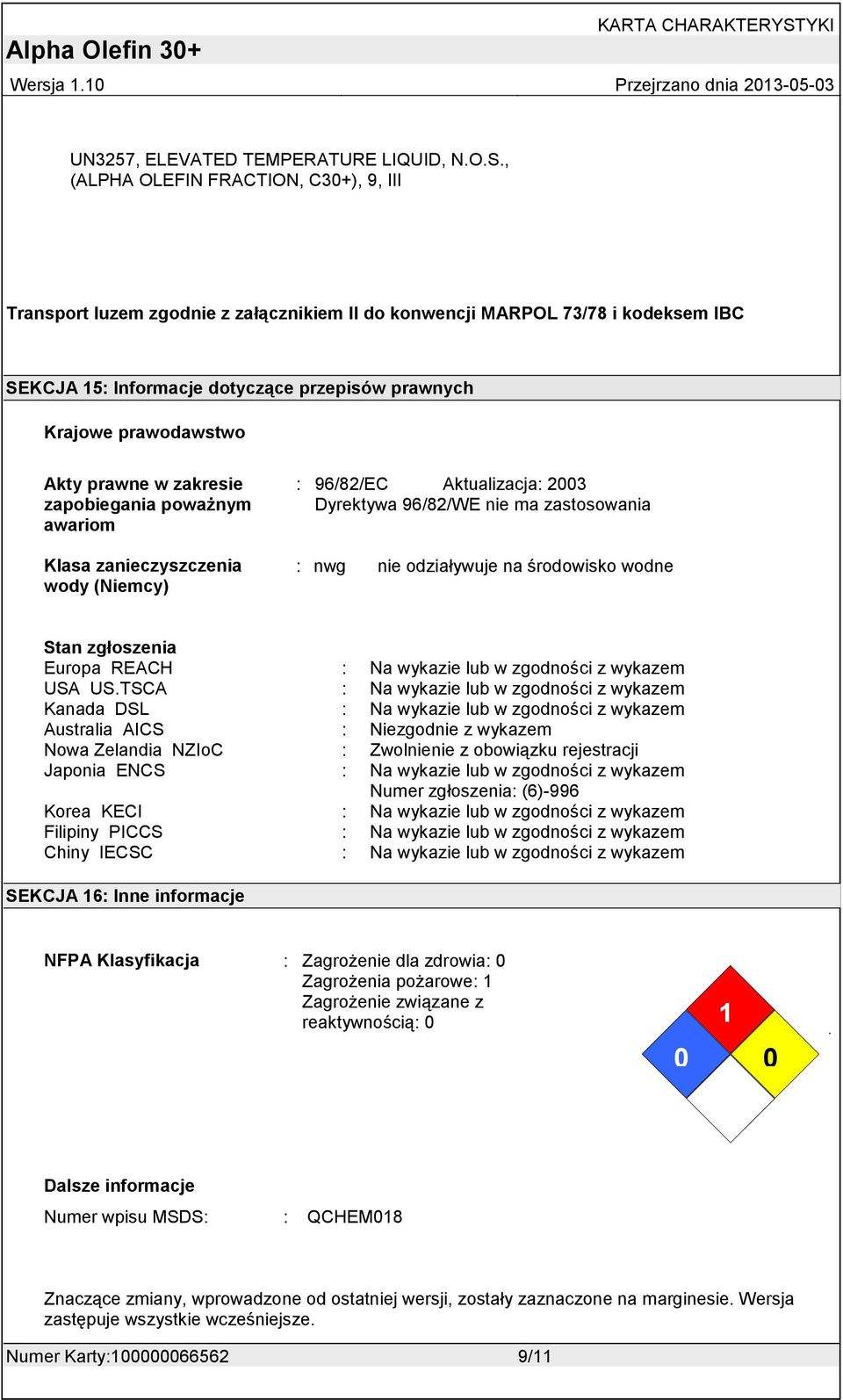 prawne w zakresie zapobiegania poważnym awariom Klasa zanieczyszczenia wody (Niemcy) : 96/82/EC Aktualizacja: 2003 Dyrektywa 96/82/WE nie ma zastosowania : nwg nie odziaływuje na środowisko wodne