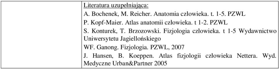 t 1-5 Wydawnictwo Uniwersytetu Jagiello skiego WF. Ganong. Fizjologia. PZWL, 2007 J.